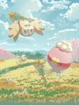  :d absurdres cloud commentary_request cutiefly day drifloon field flower flower_field flying highres hisuian_lilligant holding mokukitusui no_humans open_mouth outdoors pokemon pokemon_(creature) rowlet sky smile yellow_flower 