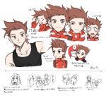  2boys 3girls absurdres black_shirt blush brown_eyes brown_hair colette_brunel highres jacket lloyd_irving looking_to_the_side male_focus multiple_boys multiple_girls multiple_views presea_combatir raine_sage red_jacket shirt sketch spiked_hair surprised tage_(fuut31) tales_of_(series) tales_of_symphonia translation_request zelos_wilder 