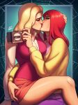  2dswirl 2girls ass_grab blonde_hair blue_eyes camera closed_eyes felicia_hardy highres holding holding_camera holding_head kiss long_hair looking_at_viewer marvel mary_jane_watson multiple_girls pink_sweater_vest red_hair sitting sitting_on_lap sitting_on_person skirt spider-man:_the_animated_series spider-man_(series) sweater sweater_vest thighs yellow_sweater yuri 