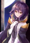  1girl alternate_costume brown_eyes gina_(gnosia) gloves gnosia hair_between_eyes heterochromia hood hoodie long_sleeves medium_hair moon night purple_hair rocomani smile solo upper_body wavy_hair 