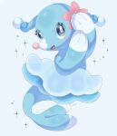  animal_focus blue_background blue_skin brionne colored_skin commentary_request eyelashes fang forked_tail highres iwasi_29 no_humans open_mouth pokemon pokemon_(creature) sea_lion simple_background skin_fang snout sparkle tail 