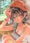  1girl bare_shoulders black_hair blush bracelet breasts cleavage crop_top day grey_eyes hat highres hot jewelry knees_to_chest looking_at_viewer medium_breasts nanakami_mana non-web_source original painting_(medium) short_hair solo steam sweat traditional_media upper_body watercolor_(medium) wavy_mouth 