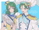  2boys ;d animal ao_(ao0_0nemu) bad_id bad_twitter_id blue_background blue_eyes blue_neckerchief blue_scarf border brooch character_request check_character chef_hat closed_mouth commentary_request dated dual_persona epaulettes fish gift_art green_hair happy_birthday hat highres holding holding_animal holding_fish holding_ladle jacket jewelry king_of_prism ladle long_sleeves looking_at_viewer male_focus multiple_boys neckerchief one_eye_closed open_mouth pretty_rhythm pretty_series scarf short_hair smile takahashi_minato translation_request tuna upper_body white_border white_hat white_jacket 