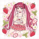  1girl :p artist_name black_choker blush_stickers breasts bright_pupils brown_cardigan cake cake_slice camisole cardigan choker cleavage dotted_line earrings emma_(kumaema) flower food fork frilled_skirt frills fruit green_eyes grid_background highres holding holding_fork holding_plate jewelry kneehighs long_hair looking_at_viewer mole off_shoulder original outline plate pleated_skirt red_hair red_sky sitting skirt sky socks solo strawberry strawberry_shortcake tongue tongue_out twintails very_long_hair wariza white_camisole white_outline 