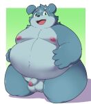 2024 anthro balls belly big_belly black_nose blue_body canid canine canis censored domestic_dog genitals hi_res kemono kusosensei male mammal moobs nipples open_mouth overweight overweight_male penis smile solo