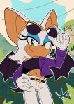  absurdres bat_wings belly belt biolizard02 blue_eyeliner crop_top eyeliner eyewear_on_head gloves green_eyes highres jacket lipstick looking_at_viewer makeup naughty_face navel open_clothes open_jacket pants purple_jacket rouge_the_bat smirk sonic_(series) sunglasses the_murder_of_sonic_the_hedgehog white_gloves white_pants wings 