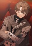  1boy arm_belt artist_name astral_express_(honkai:_star_rail) belt black-framed_eyewear black_gloves brown_hair closed_eyes commentary_request couch crossed_arms fubuki_(fakemonkey0224) glasses gloves grey_jacket grey_scarf hair_over_one_eye highres honkai:_star_rail honkai_(series) jacket long_sleeves male_focus multicolored_hair on_couch open_clothes open_jacket parted_lips scarf short_hair signature single_glove sitting sleeping sleeping_upright solo streaked_hair welt_yang white_hair 