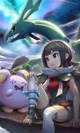  1girl bangs black_hair black_shirt blunt_bangs breasts cloud commentary_request covered_navel dragon gen_3_pokemon glowing glowing_eyes gonzarez grey_cloak highres legendary_pokemon looking_up medium_breasts mega_stone one_knee open_mouth parted_lips pokemon pokemon_(creature) pokemon_(game) pokemon_oras rayquaza red_eyes shirt short_hair short_shorts shorts sitting sky sleeveless sleeveless_shirt smile space star_(sky) starry_sky wavy_mouth whismur zinnia_(pokemon) 