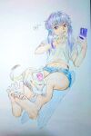  1girl bare_legs barefoot blue_hair blue_shorts cat cellphone cwind eyelashes feet full_body hair_ornament hands_up highres holding holding_phone midriff navel phone purple_eyes purple_hair see-through see-through_shirt shirt short_hair_with_long_locks short_shorts short_sleeves shorts sitting smartphone soles solo spread_toes thighs toe_scrunch toenails toes traditional_media voiceroid white_shirt x_hair_ornament yuzuki_yukari 