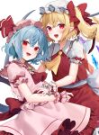  2girls :d ascot blonde_hair blue_hair bow collared_shirt commentary_request crystal fang flandre_scarlet frilled_shirt_collar frilled_skirt frills hat hat_bow highres long_hair looking_at_viewer mob_cap multiple_girls open_mouth pink_shirt pink_skirt pointy_ears puffy_short_sleeves puffy_sleeves red_ascot red_eyes red_ribbon red_skirt red_vest remilia_scarlet ribbon shirt short_hair short_sleeves siblings sisters skirt smile touhou usushio vest white_shirt wings wrist_cuffs yellow_ascot 