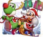  1boy :d antlers bell belt blue_eyes border brown_hair christmas commentary_request facial_hair fake_antlers fake_nose fur-trimmed_jacket fur_trim gift gloves gonzarez hat holding holding_sack jacket jingle_bell long_sleeves looking_at_viewer mario mario_(series) mario_kart mario_kart_tour mustache open_mouth pants pom_pom_(clothes) pulling red_footwear red_headwear red_jacket red_pants reindeer_antlers reins sack santa_costume santa_hat shoes short_hair sitting sleigh smile snowflakes star_(symbol) upper_teeth white_border white_gloves yoshi 