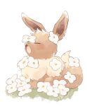  animal_focus brown_fur closed_eyes commentary_request eevee fang flower mkt_(buizu-miki) no_humans on_grass open_mouth pokemon pokemon_(creature) simple_background sitting tail white_background white_flower yawning 