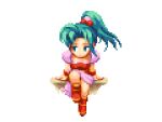  1girl armor cape dress final_fantasy final_fantasy_vi full_body green_eyes green_hair headband looking_to_the_side parted_bangs pink_cape pixel_art pixelflag ponytail red_dress red_footwear red_sleeves shoulder_pads sitting square_enix terra_branford 