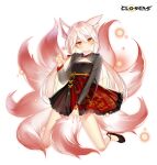  1girl alternate_hair_color animal_ear_fluff animal_ears ankle_bell black_dress black_footwear claw_pose cleavage_cutout closers clothing_cutout copyright_name dot_mouth dress expressionless fingernails flat_chest fox_ears fox_girl fox_tail full_body hand_up head_tilt highres kitsune kneeling kyuubi layered_dress light_particles logo long_fingernails long_hair long_sleeves looking_at_viewer low_twintails multiple_tails no_pupils official_art orange_eyes pink_tail red_dress see-through see-through_sleeves solo tachi-e tail tina_(closers) twintails two-tone_dress white_background white_hair 