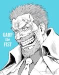  1boy artist_name beard character_name clenched_teeth commentary english_commentary english_text facial_hair feriowind grey_hair light_blue_background male_focus monkey_d._garp mustache necktie one_piece scar scar_on_face short_hair simple_background smile solo teeth uniform white_necktie 