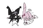  ! alternate_design animal animal_ears animal_focus black_hair creature demon_tail halo kamikiririp kuromi looking_at_another my_melody no_humans onegai_my_melody pink_hair rabbit_ears sanrio sitting sketch tail white_background wings 