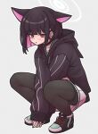  0dot001hz 1girl animal_ears black_hair black_hoodie black_pantyhose blue_archive cat_ears halo highres hood hoodie kazusa_(blue_archive) multicolored_hair pantyhose pink_eyes pink_hair skirt solo two-tone_hair white_skirt 