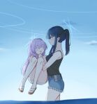 2girls :d arikalovesyou2 atsuko_(blue_archive) belt_pouch black_shirt blue_archive blue_hair blue_sky blush carrying closed_eyes closed_mouth collarbone cutoffs denim denim_shorts from_side hair_between_eyes halo highres long_hair looking_at_another multiple_girls no_socks outdoors ponytail pouch princess_carry purple_hair sandals saori_(blue_archive) shirt shirt_tucked_in shorts sidelocks sky sleeveless sleeveless_shirt small_sweatdrop smile wading wet yuri 