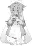  1girl absurdres blue_archive blush censored closed_mouth djheycha greyscale halo heart heart_censor highres jacket kokona_(blue_archive) long_hair long_sleeves looking_at_viewer monochrome multicolored_hair navel panties panty_pull simple_background solo standing stomach streaked_hair underwear very_long_hair white_background 