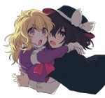  2girls black_capelet black_hair blonde_hair blush brown_eyes capelet collared_shirt fedora hands_on_another&#039;s_shoulders hat hat_ribbon long_hair maribel_hearn multicolored multicolored_eyes multiple_girls neckwear open_mouth re_ghotion red_neckwear ribbon shadow shirt short_hair simple_background sleeve_cuffs touhou usami_renko white_background white_shirt 