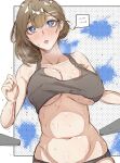  1girl blue_eyes bouncing_breasts breasts brown_hair exercising flying_sweatdrops highres hod_(project_moon) library_of_ruina navel nb8c open_mouth project_moon running spoken_sweatdrop sports_bra sweat sweatdrop 