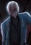  1boy bishounen blood blood_on_face blue_eyes coat devil_may_cry_(series) devil_may_cry_3 hair_down highres looking_at_viewer male_focus qmyyz solo vergil_(devil_may_cry) wet wet_hair white_hair 