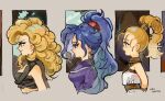  3girls artist_name ayla_(chrono_trigger) blonde_hair blue_hair chrono_trigger closed_mouth commentary_request cropped_torso eyelashes grey_background high_ponytail highres long_hair marle_(chrono_trigger) multiple_girls open_mouth schala_zeal simple_background twitter_username upper_body uzutanco 