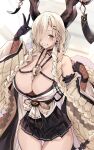  1girl absurdres azur_lane bare_shoulders black_gloves black_skirt blonde_hair braid breasts brown_horns cleavage commentary_request cowboy_shot earrings elbow_gloves fishnet_gloves fishnets gloves grin hair_over_one_eye half_gloves highres horn_ornament horns huge_breasts jewelry large_horns long_hair long_sleeves looking_at_viewer low_twin_braids microskirt mole mole_under_mouth owari_(azur_lane) pleated_skirt shiosato_jun simple_background skirt smile solo thigh_gap twin_braids very_long_hair wide_sleeves yellow_eyes 