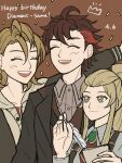  1girl 2boys amber_(fire_emblem) blonde_hair character_name closed_eyes dated diamant_(fire_emblem) fire_emblem happy_birthday high_ponytail highres holding holding_quill jade_(fire_emblem) lirara_0 multiple_boys quill red_hair sidelocks yellow_eyes 