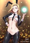  1girl adsouto android_18 animal_ears asymmetrical_hair blonde_hair blue_eyes breasts dragon_ball dragon_ball_z earrings energy_ball fake_animal_ears hand_on_own_hip highres jewelry lowleg lowleg_pants medium_breasts meme_attire navel navel_piercing necktie pants piercing rabbit_ears red_ribbon_army revealing_clothes reverse_bunnysuit reverse_outfit short_hair shrug_(clothing) signature solo underboob variant_set 