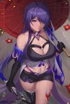  1girl acheron_(honkai:_star_rail) black_gloves breasts cleavage commentary cowboy_shot elbow_gloves exlic flower gloves hair_over_one_eye highres holding holding_umbrella honkai:_star_rail honkai_(series) large_breasts leg_tattoo long_hair looking_at_viewer midriff navel purple_eyes purple_hair rain red_flower red_umbrella scabbard sheath single_bare_shoulder smile solo standing tattoo thighs umbrella very_long_hair 