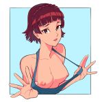  1girl braid breasts brown_eyes brown_hair collarbone covered_nipples dress ears flashing lips looking_at_viewer niijima_makoto nipples parted_lips persona persona_5 short_hair simple_background solo strap_pull sundress unseriousguy upper_body 