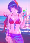  1girl ass_visible_through_thighs bakemonogatari beach bikini blue_eyes breasts cleavage cup eyewear_hang flower food glasses hair_flower hair_ornament highres holding holding_cup ice_cream ice_cream_cup long_hair medium_breasts midriff monogatari_(series) navel ocean outdoors purple_hair rapa_rachi revision senjougahara_hitagi sky smile solo sunglasses swimsuit unworn_eyewear water 