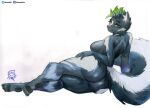 absurd_res anthro big_breasts big_butt biped breasts butt female fur green_hair hair hi_res looking_at_viewer looking_back looking_back_at_viewer mammal mephitid multicolored_body multicolored_fur murazaki simple_background skunk solo thick_thighs two_tone_body two_tone_fur white_background