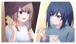  2girls blue_eyes blue_hair blue_sweater braid brown_hair cellphone chewing chopsticks closed_mouth commentary_request cup_ramen food french_braid highres holding holding_chopsticks holding_food holding_phone long_hair long_sleeves medium_hair miyagi_shiori multiple_girls novi_visual open_mouth phone purple_eyes sendai_hazuki shirt shuuniichido_classmate_wo_kau_hanashi smartphone sweater upper_body white_shirt 