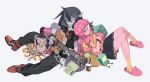  2girls adventure_time black_hair bmo boots drink fang glasses guitar instrument knifedragon long_hair marceline necklace pink_hair pointed_ears princess_bubblegum red_eyes robot skirt socks third-party_edit wink wristwear 