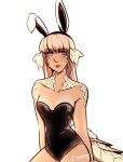  1girl animal_ears au_ra black_hairband black_leotard blonde_hair blue_eyes breasts cleavage commentary dane_(daneari) dark-skinned_female dark_skin english_commentary fake_animal_ears final_fantasy final_fantasy_xiv hairband heterochromia invisible_chair leotard lizard_tail long_bangs rabbit_ears reptile_girl scales signature sitting small_breasts solo strapless strapless_leotard tail warrior_of_light_(ff14) yellow_eyes 