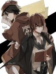  2boys animal animal_on_shoulder back-to-back belt black_belt black_hair black_pants black_vest book brown_eyes brown_hair brown_hat bungou_stray_dogs chaena_(exmd3552) closed_mouth commentary_request edgar_allan_poe_(bungou_stray_dogs) edogawa_ranpo_(bungou_stray_dogs) green_eyes hair_over_one_eye hand_on_headwear hat highres holding holding_book hood hood_down jacket long_sleeves looking_back male_focus multiple_boys open_book pants paper raccoon shirt short_hair vest white_shirt 