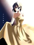  1girl absurdres bare_shoulders black_background black_eyes black_hair breasts closed_mouth dress feet_out_of_frame floating_hair gloves gown gradient_background half-closed_eyes hanabukuro highres large_breasts long_dress looking_to_the_side otome_wo_odore_(vocaloid) short_hair sidelighting simple_background skirt_hold solo song_name standing strapless strapless_dress vocaloid white_background white_gloves white_sleeves yellow_dress 