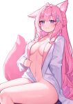  1girl absurdres animal_ear_fluff animal_ears antenna_hair blush braid braided_bun breasts closed_mouth coat crown_braid deaver hair_bun hair_ornament hakui_koyori highres hololive lab_coat large_breasts long_hair long_sleeves naked_coat navel open_clothes open_coat pink_hair purple_eyes simple_background sleeves_past_wrists smile solo stomach tail thighs virtual_youtuber white_background white_coat wolf_ears wolf_girl wolf_tail 