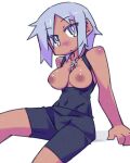  1girl black_shorts black_tank_top breasts breasts_out cannsk collarbone commentary_request dark-skinned_female dark_skin eyes_visible_through_hair grey_eyes grey_hair jewelry large_breasts medium_hair necklace nipples original shorts sitting solo tank_top 