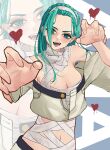  1girl a.b.a bags_under_eyes bandaged_chest bandaged_neck bandages bare_shoulders breasts claw_pose cleavage green_eyes green_hair guilty_gear guilty_gear_strive headband highres key_in_head kurutontyan long_hair looking_at_viewer navel object_through_head open_mouth upper_body white_headband 