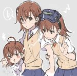  3girls :&lt; :t ahoge angry asshuku bangs blush_stickers bob_cut brown_eyes brown_hair brown_sweater_vest closed_mouth dress_shirt eye_contact flower furrowed_eyebrows glaring goggles goggles_on_head grey_background grey_skirt hair_between_eyes hair_flower hair_ornament hand_on_another&#039;s_arm hand_on_another&#039;s_waist head_mounted_display holding_arm index_finger_raised jitome last_order looking_at_another looking_at_viewer misaka_imouto misaka_mikoto multiple_girls pleated_skirt pout school_uniform shirt short_hair short_sleeves siblings sisters sketch skirt speech_bubble spoken_sweatdrop sweatdrop sweater_vest to_aru_kagaku_no_railgun to_aru_majutsu_no_index tokiwadai_school_uniform upper_body white_flower white_shirt 