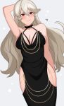  1girl absurdres alternate_costume arm_behind_head artist_name bare_shoulders black_dress breasts cleavage_cutout clothing_cutout corrin_(female)_(fire_emblem) corrin_(fire_emblem) dress fire_emblem fire_emblem_fates grey_hair halterneck highres hip_vent kgctcg looking_at_viewer medium_breasts meme modakawa_dress pointy_ears red_eyes smile solo 