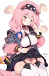  1girl animal_ears arknights averting_eyes black_choker blue_bow blush bow braid breasts brown_eyes cat_ears cat_tail choker closed_mouth clothes_lift collarbone covered_nipples double-parted_bangs doughnut flashing food garter_straps goldenglow_(arknights) hair_bow hair_over_shoulder hairband heart highres jacket long_sleeves open_clothes open_jacket panties pink_hair scratching_cheek see-through see-through_shirt shirt single_braid skirt skirt_lift solo tail thighhighs thighs underwear unitedunti white_background white_panties white_shirt white_thighhighs 