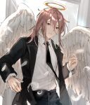  1boy absurdres angel_devil_(chainsaw_man) angel_wings black_jacket black_necktie black_pants brown_eyes brown_hair chainsaw_man collared_shirt cowboy_shot falling_feathers feathered_wings feathers hair_between_eyes halo highres holding holding_feather jacket lael_(eve_lael13) long_sleeves male_focus medium_hair necktie open_clothes open_jacket pants shirt shirt_tucked_in solo suit_jacket sunlight white_shirt white_wings wings 