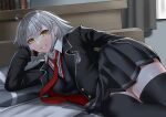  1girl absurdres ahoge blush breasts fate/grand_order fate_(series) grey_hair grin highres indoors jeanne_d&#039;arc_alter_(avenger)_(fate) jeanne_d&#039;arc_alter_(fate) large_breasts long_sleeves looking_at_viewer looking_back lying on_side school_uniform short_hair skirt smile solo thighhighs tomotomow00w yellow_eyes 