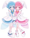 1boy 1girl ao_(ao0_0nemu) bad_id bad_twitter_id blue_eyes blue_hair boots braid brother_and_sister commentary_request cosplay crossdressing dorothy_west dress full_body gloves hat highres holding_hands looking_at_viewer mole mole_under_eye ojamajo_doremi open_mouth otoko_no_ko pink_eyes pink_hair pointy_footwear pointy_hat pretty_series pripara reona_west short_hair siblings side_braid simple_background smile standing twins white_background white_dress white_footwear white_gloves white_hat witch_hat 