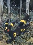  animal_focus black_fur closed_mouth commentary facial_mark forehead_mark forest grass highres nature no_humans pokemon pokemon_(creature) red_eyes sparkle symbol-only_commentary tail umbreon volpecorvo 