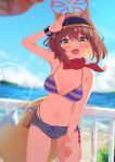  1girl :d animal_ear_fluff animal_ears arm_up beach belt_pouch bikini blue_archive blue_bikini blue_sky blurry blurry_background blush braid breasts brown_hair cleavage contrapposto cowboy_shot day denim denim_shorts dutch_angle fang flower fox_ears fox_girl fox_tail hair_flower hair_ornament halo haluka_o0 hand_to_head head_tilt highleg highleg_bikini highres horizon izuna_(blue_archive) izuna_(swimsuit)_(blue_archive) lens_flare light_particles looking_at_viewer medium_breasts navel ocean open_mouth pink_halo porch pouch red_scarf salute scarf scrunchie short_shorts shorts single_braid skin_fang sky smile solo standing striped_bikini striped_clothes sunflower sunflower_hair_ornament swimsuit tail visor_cap wrist_scrunchie yellow_eyes 